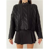 Laluvia Black Foil Print Ripped Detailed Sweater