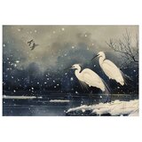  Plakat - Herons over a Winter Pond - illustration in the Japanese style in dark colors 30x21 Bez okvira | shoptok.hr