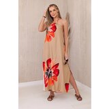 Kesi Women's viscose dress with ties around the neck - beige camel | Shoptok.si