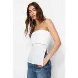 Trendyol White Crepe Knitted Blouse with a Strapless Collar and Zipper on the Side