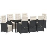 vidaXL set za objedovanje od 9 komada s jastučićima crni poliratanski, vrtni stol crni 200x80x73 cm od kaljenog stakla Cijene