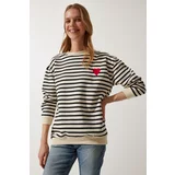 Happiness İstanbul Women's Cream Heart Detailed Striped Seasonal Sweatshirt