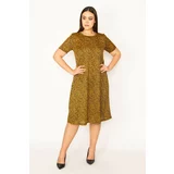 Şans Women's Plus Size Mustard Thin Crepe Fabric Short Sleeve Patterned Dress