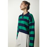 Happiness İstanbul Women's Navy Blue Green Stylish Buttoned Collar Striped Crop Knitwear Sweater Cene