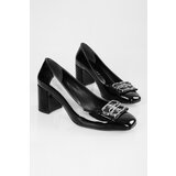 Shoeberry Women's Letizia Black Patent Leather Buckled Heel Shoes Cene
