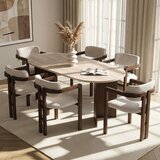 Hanah home trpezarijski set Meridia, ovalni sto i 6 stolica sa rukonaslonima, travertin, orah Milano i tamni orah, bela šenil tkanina | Eponuda.com