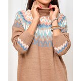 Resti Brown women's sweater dress with turtleneck and print | Shoptok.si