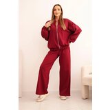 Polski Women's cotton set with wide legs and zip-up hoodie burgundy | Shoptok.si