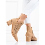VINCEZA Openwork women's ankle boots on a low post beige | Shoptok.si