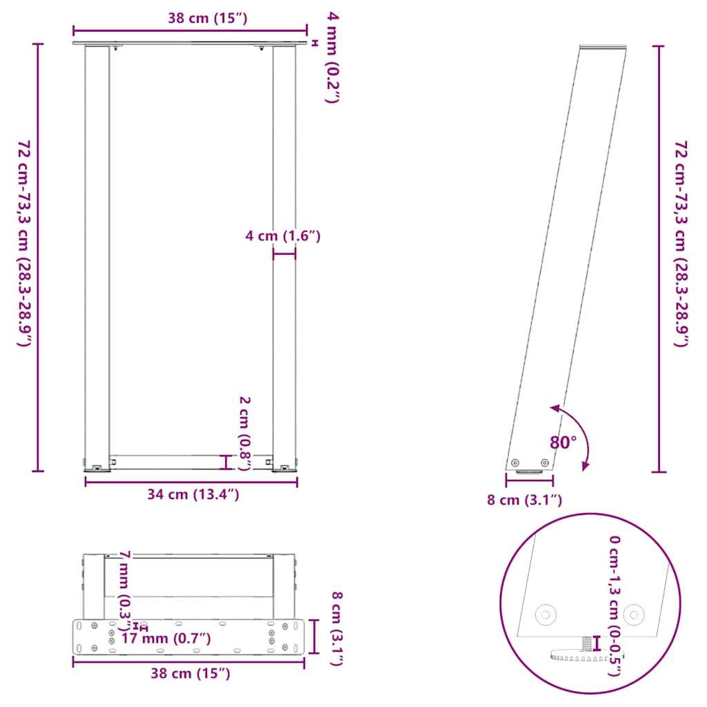 vidaXL Noge za konzolno mizico v obliki črke U, 2 kosa, naravno jeklo, 38 x (72-73) cm, jeklo | Shoptok.si