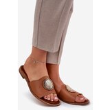 Zazoo 2938 Leather Slippers With Flat Heel And Decoration Camel | Shoptok.si