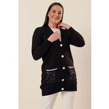 By Saygı Beads And Stones Detail With Pockets And Buttons In The Front Plus Size Acrylic Cardigan Black. Cene
