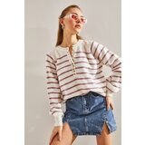 Bianco Lucci Women's Buttoned Collar Turtleneck Striped Knitwear Sweater | Shoptok.si