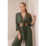 Włoski Viscose set blouse tied at the bottom + trousers khaki | Shoptok.si