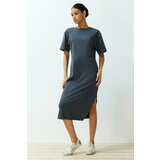 Trendyol Anthracite 100% Cotton Aged Effect Slit Shift/Comfort Fit Knitted Midi Dress Cene