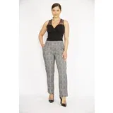 Şans Women's Gray Plus Size Checkered Trousers with Elastic Waist and Side Stripe Detail.