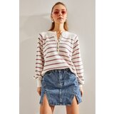 Bianco Lucci Women's Buttoned Collar Turtleneck Striped Knitwear Sweater | Shoptok.si