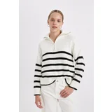 Defacto Women's Oversize Fit Wide Pattern Striped Half Zipper Stand Collar Knitwear Sweater