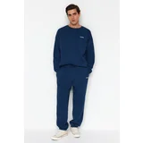 Trendyol Indigo Men's Oversize Text Printed Tracksuit Set with Soft Pillows and Pillows.