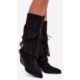 Boto Heated Leather Cowboy Boots Women's With Fringes Black Brivina | shoptok.hr
