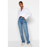 Trendyol Blue Ripped High Waist Long Straight Jeans Cene