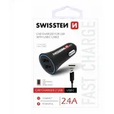 punjač za auto, 2xUSB, 2.4A, crni + kabel za punjenje USB - USB-C