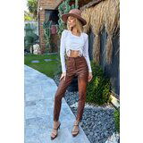 Trend Alaçatı Stili Women's Camel High Waist Front Slit Faux Leather Trousers Cene