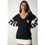 Happiness İstanbul Women's Black and White Color Block V-Neck Knitwear Sweater Cene
