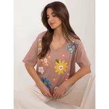 Fashion Hunters Light brown women's blouse with a printed neckline