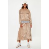 Trendyol Light Brown Velvet Shirt Detailed Knitted Skirt Bottom-Top Set Cene