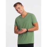 Ombre BASIC men's classic cotton T-shirt with a crew neckline - green Cene