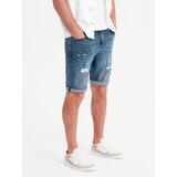 Ombre Men's short denim shorts with rubbing and rolled up leg - blue | Shoptok.si