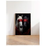 Wallxpert uramljena slika 115189, beli i crni konj sa crvenim povezima preko očiju, 50 x 70 cm, ram u boji prirodnog drveta u