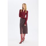 Defacto High Waist Combed Cotton Lined Slit Midi Faux Leather Burgundy Pencil Skirt | Eponuda.ba