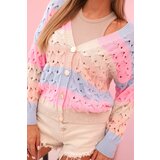 Kesi Włoski Women's striped V-neck openwork sweater blue + beige | Shoptok.si