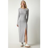 Happiness İstanbul Women's Gray Viscose Long Viscose Dress with Slit and Stitching Cene