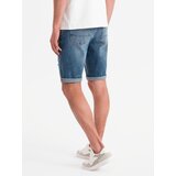 Ombre Men's short denim shorts with rubbing and rolled up leg - blue | Shoptok.si