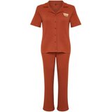 Trendyol Curve Cinnamon Embroidery Ribbed Knitted Pajamas Set Cene