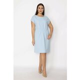 Şans Women's Plus Size Blue Front Waist Elastic Detail Low Sleeve Dress Cene