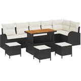vidaXL 10-delni Zunanja Sofa Komplet z Blazinami Črna Poli Ratan Akacija, 2-sedežna Zunanja Sofa z Shranjevanjem in Blazinami Črna Poli Ratan, 4-delni Zunanje Jedilna Komplet z Blazinami Črna Poli Ratan Akacija | Shoptok.si