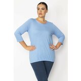 Şans Women's Plus Size Blue Hem Elastic Detailed Capri Sleeve Pinstripe Blouse Cene