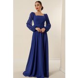 By Saygı Square Neck Belted Waist Lined Chiffon Long Evening Dress | Shoptok.si