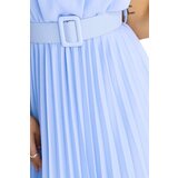 numoco basic 465-4 MIA Pleated Chiffon Midi Dress with Wide Belt - Light Blue | shoptok.hr