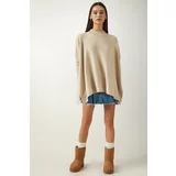 Happiness İstanbul Women's Beige Stand-Up Collar Slit Knitwear Poncho Sweater