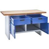 eurokraft basic Delovna miza z zaprtimi stranicami, 2 predala, 2 vrat, širina 1500 mm, svetlo sive / encijan modre barve | Shoptok.si