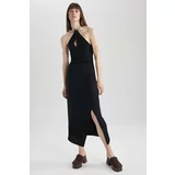 Defacto Bodycon Chain Detailed Linen Blend Slit Midi Sleeveless Dress