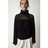  Women's Black Turtleneck Sweater With Openwork Knitwear Cene