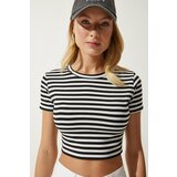 Happiness İstanbul Women's Black Striped Crop Knitted T-Shirt Cene