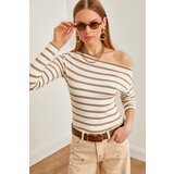 Olalook Women's Beige Striped Premium Soft Touch Boat Neck Stretchy Blouse | shoptok.hr