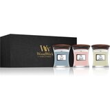 WoodWick Evening Onyx & Solar Ylang & Coastal Sunset darilni set z lesenim stenjem (gift box) Cene
